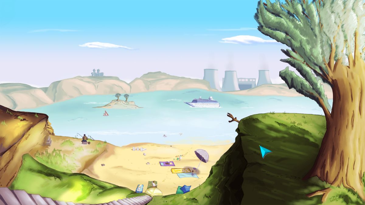 Demetrios: The Big Cynical Adventure (PlayStation 4) screenshot: A fishing spot with a nuclear power plant not far off