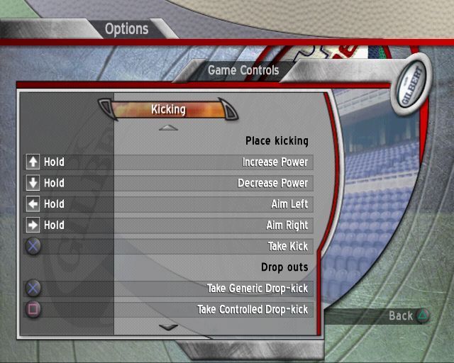 Rugby Challenge 2006 (PlayStation 2) screenshot: There are several controller screens as the buttons have different uses when in freeplay, with and without the ball, in a maul, in a ruck, in a line-out, in a scrum, kicking or taking a conversion