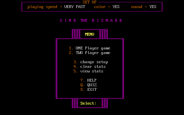 Sink The Bizmark (DOS) screenshot: The game's title screen is also its main menu