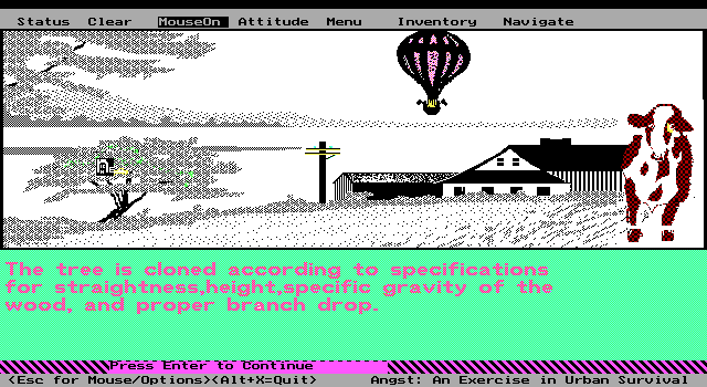 Angst: A Game of Urban Survival (DOS) screenshot: Some of the game messages are very strange indeed
