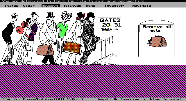 Angst: A Game of Urban Survival (DOS) screenshot: At the airport. Here the game message is at the top of the screen