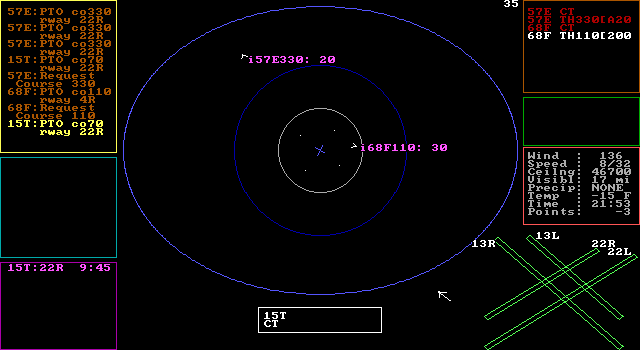 Air Traffic Control (DOS) screenshot: We've now got two planes in the air and heading out of Chicago airspace. There's another flight, 15T, awaiting clearance