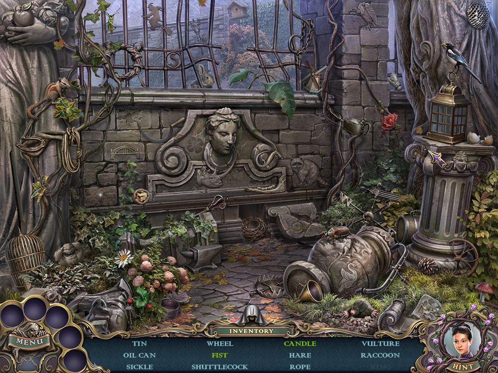 Witch Hunters: Stolen Beauty (Collector's Edition) (Windows) screenshot: After finding and placing half a dozen objects the first hidden object scene appears. All scenes follow the same format. Any item in green text is hidden behind or inside something else