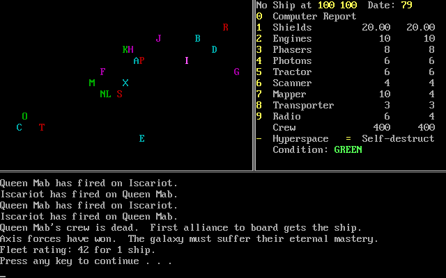 Argonaut (DOS) screenshot: The war continues for some time as the game's autopilot resolves the conflict. Unfortunately the Federation lost