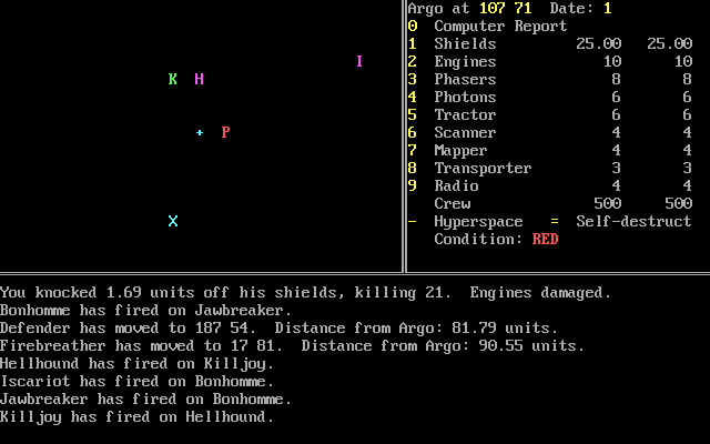 Argonaut (DOS) screenshot: The nearest enemy ship is ship P, The Pequod Here we hit his shields doing 1.69 damage. The game then reports on what everyone else did in their turn