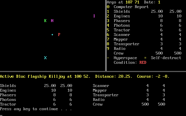 Argonaut (DOS) screenshot: This is a scanner report for ship K - the Killjoy