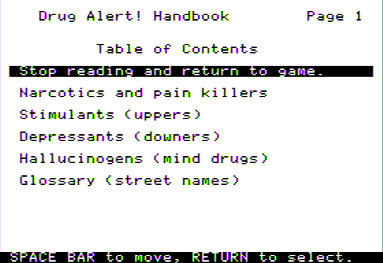 Screenshot of Drug Alert! (Apple II, 1986) - MobyGames