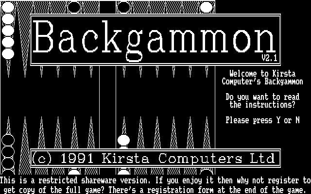Backgammon (DOS) screenshot: The game has a command line option to play in monochrome. This is how the monochrome title screen looks Shareware release