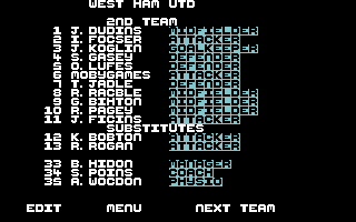 Professional Footballer (Commodore 64) screenshot: The 2nd team squad