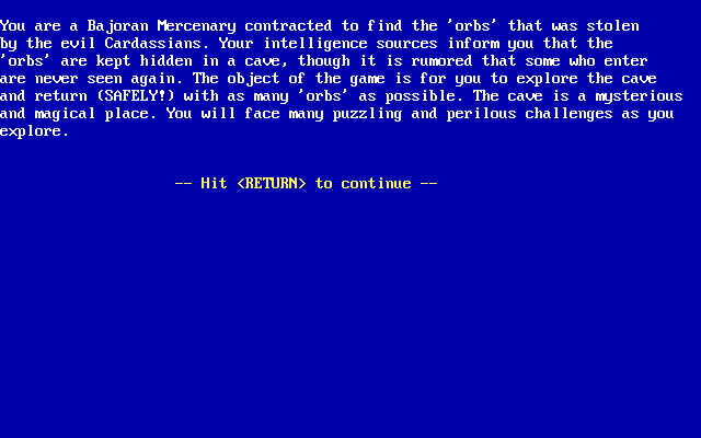 Bajoran Mercenary Adventure! (DOS) screenshot: The game starts with a brief description of the plot. The next screen asks if the player wants to see the in-game instructions