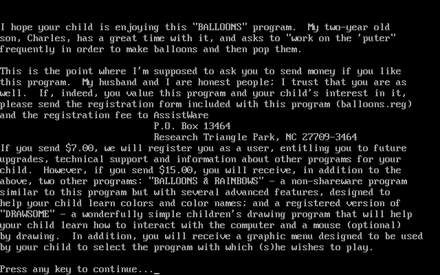 Balloons (DOS) screenshot: The player exits the game by typing QU. This brings up two shareware reminder screens the first of which is this
