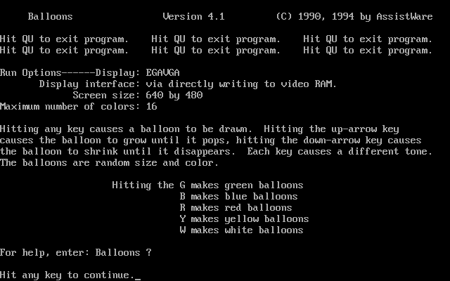 Balloons (DOS) screenshot: The game automatically detects the graphics configuration of the player's system on startup