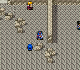 Torneko no Daibōken: Fushigi no Dungeon (SNES) screenshot: The deposit is paid and hard workers build Torneko's new shop