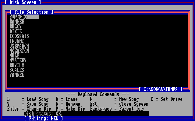 Will Harvey's Music Construction Set (PC Booter) screenshot: File browser (special version for IBM Music Feature card)