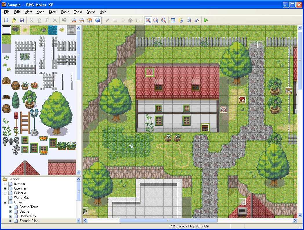 RPG Maker XP (Windows) screenshot: Sample editor view of a map with a rural town.