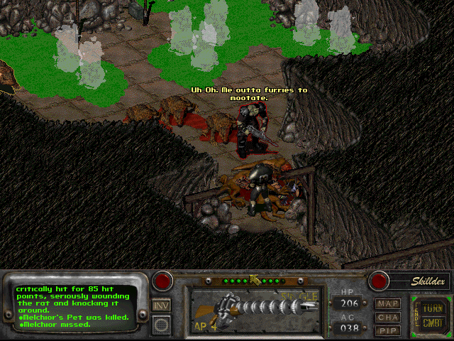 Fallout 2 (Windows) screenshot: Battle against Melchoir, the Master of the Super Duper Mutants