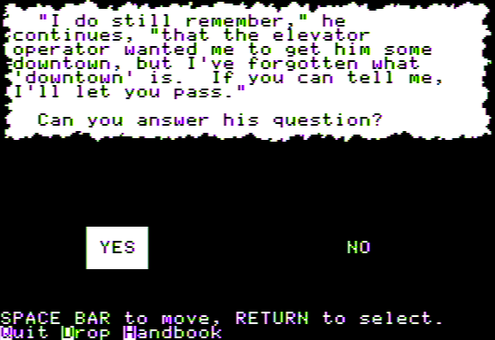 Drug Alert! (Apple II) screenshot: The Elevator Doorman Offers a Clue