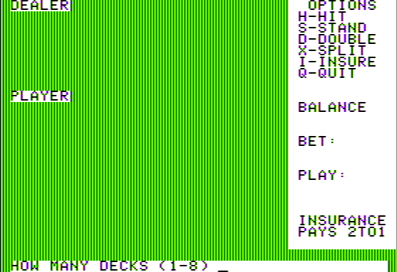 Blackjack Strategy (Apple II) screenshot: Game Setup