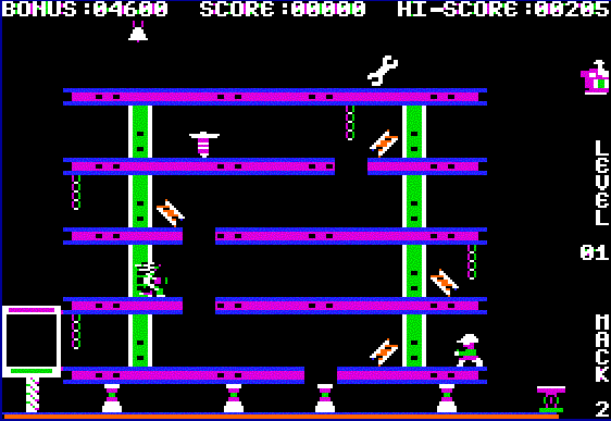 Hard Hat Mack (Apple II) screenshot: Hard Hat Mack Level 1: Lay the girders and use the jackhammer to rivet them