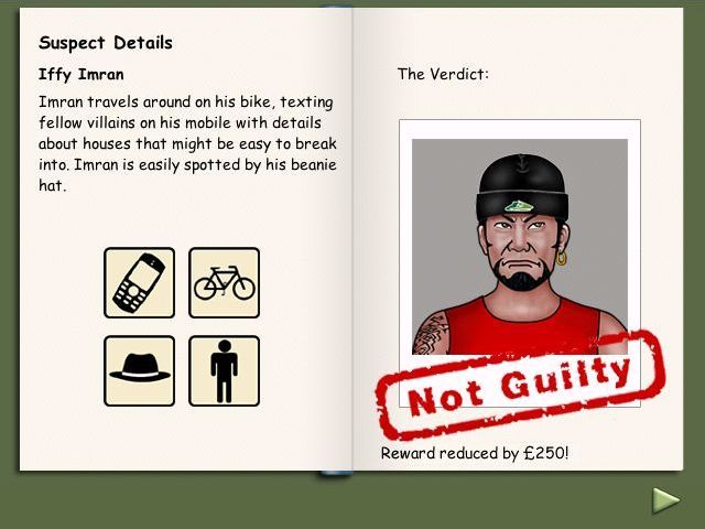 the Map Detectives: Rural Mystery (Windows) screenshot: Once all clues have been collected the player can select any of the twelve suspects, check for a match with their clues, and try for an arrest. This bad choice cost £250 of the reward