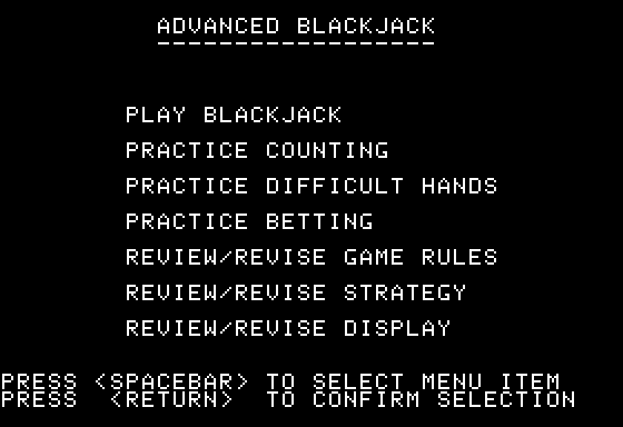 Advanced Blackjack (Apple II) screenshot: Main Menu