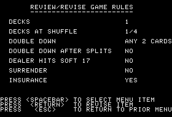 Advanced Blackjack (Apple II) screenshot: Modifying Game Rules