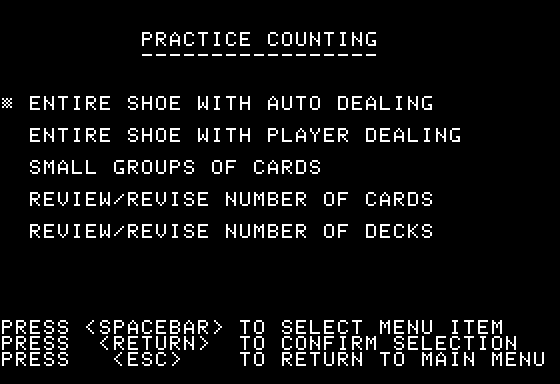 Advanced Blackjack (Apple II) screenshot: Practice Counting Options