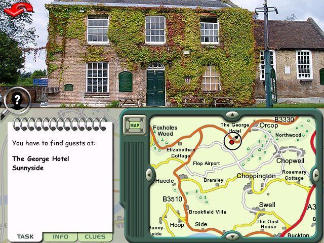 the Map Detectives: Rural Mystery (Windows) screenshot: A guest is at The George Hotel. This is The George Hotel. Time to click on the question mark, mid left, to talk to the guest