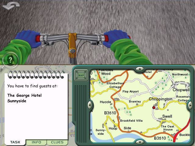 the Map Detectives: Rural Mystery (Windows) screenshot: When we're in transit the upper half of the screen shows the footpath we walk on, the road we ride on etc