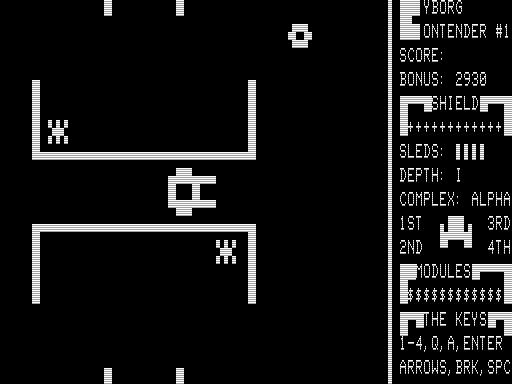 Cyborg (TRS-80) screenshot: Starting the Maze. Signal Modules and Mines can be Seen.