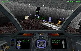 Descent (DOS) screenshot: The Spreadfire Cannon can be used to hit fast-moving targets.