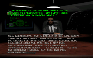 Descent (DOS) screenshot: PTMC mission briefing (game intro sequence).