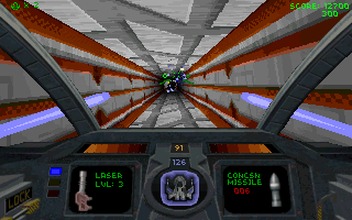 Descent (DOS) screenshot: Firing level 3 lasers down a long shaft in the Lunar Scilab.