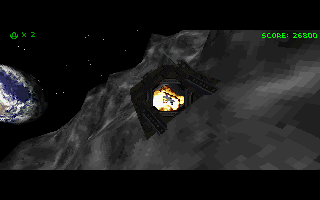Descent (DOS) screenshot: The Material Defender's ship escapes to the surface of the moon (level ending sequence).
