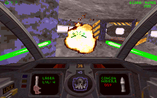 Descent (DOS) screenshot: The lasers can be upgraded several times. The colour of the beams changes according to the power level.