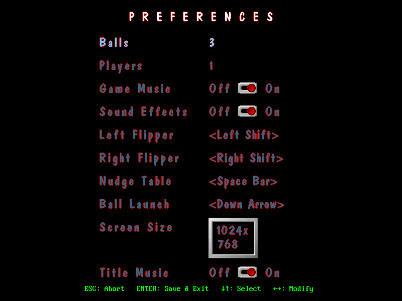 Pinball Builder: A Construction Kit for Windows (Windows 3.x) screenshot: Preferences screen - The game offers screen size from 320x200 up to 1024x768