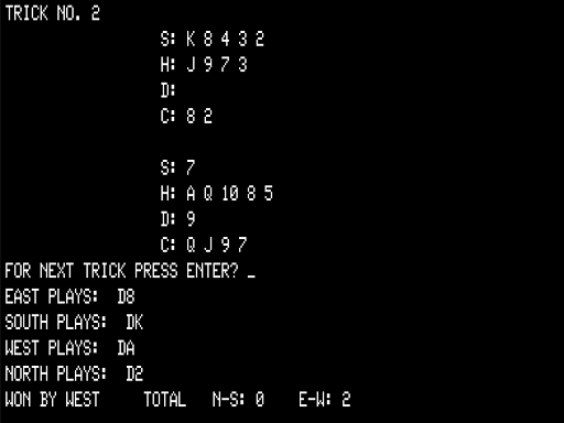 Bridge (TRS-80) screenshot: Playing Cards