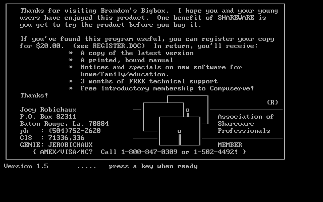 Brandon's Big Lunchbox (DOS) screenshot: On exit from the shareware version of the game there's a reminder to register and to pay up