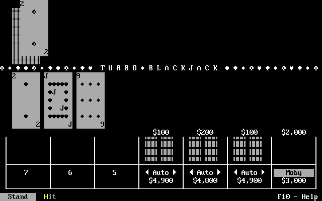 Turbo Blackjack (DOS) screenshot: This game has the option to play in monochrome. This is how the game looks in monochrome