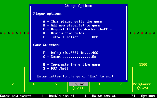 Turbo Blackjack (DOS) screenshot: The F1 key brings up these in-game configuration options