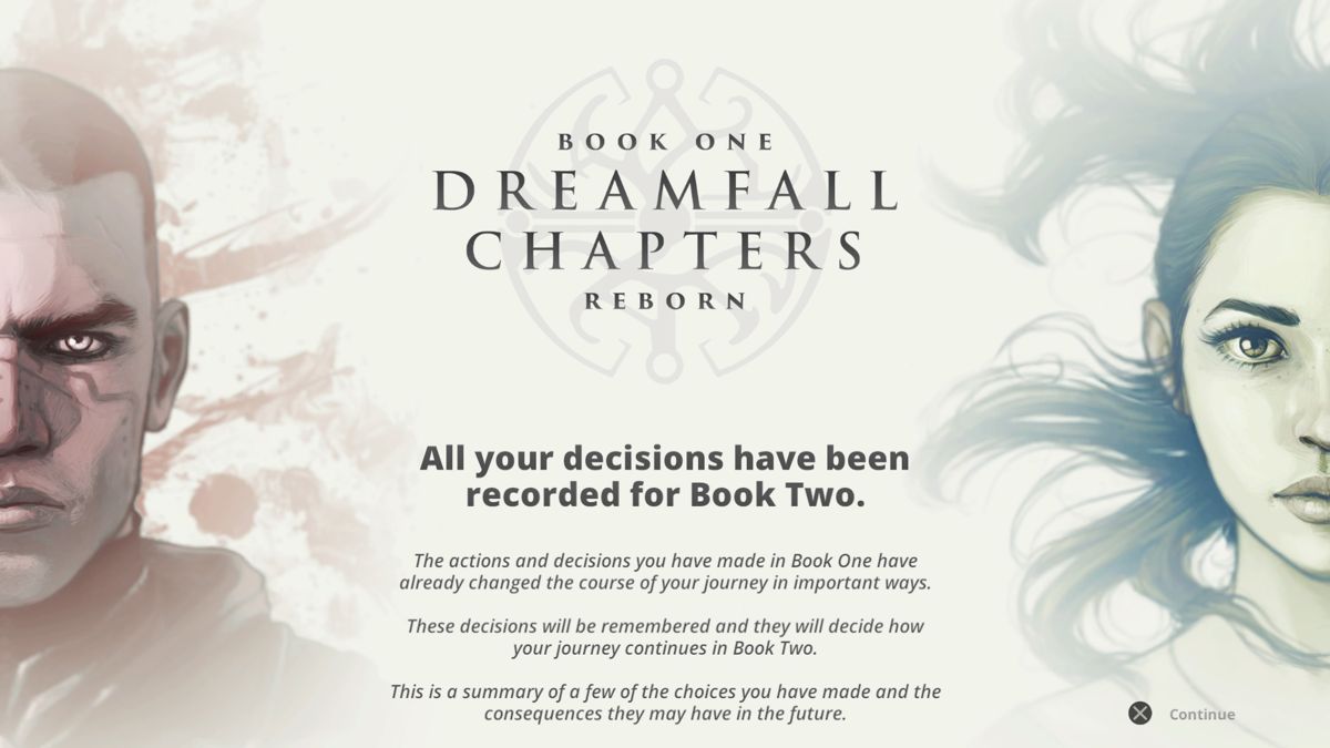 Dreamfall Chapters (PlayStation 4) screenshot: Book 1: All decisions have been saved to be included in book two