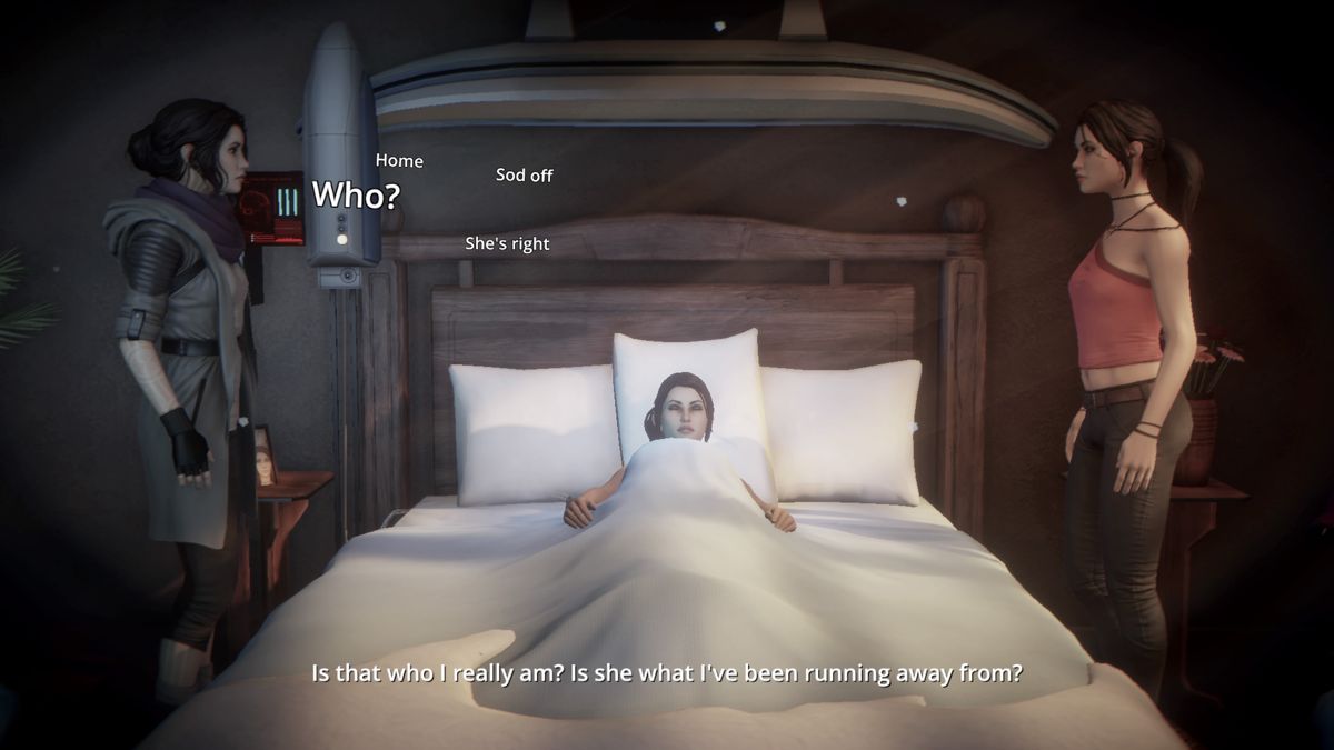 Dreamfall Chapters (PlayStation 4) screenshot: Book 1: Each dialogue choice offers further elaboration before it is being selected