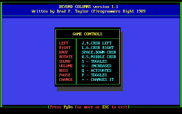 Beyond Columns (DOS) screenshot: The action keys used in the game