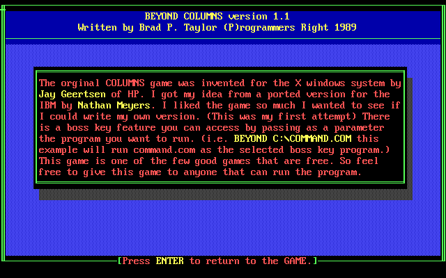 Beyond Columns (DOS) screenshot: The game's documentation says that not only is there a Boss Key but that it can be used to start up another program.