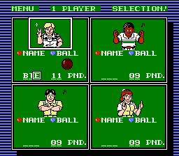 Championship Bowling (NES) screenshot: Character and bowling ball weight selection screen.