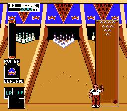 Championship Bowling (NES) screenshot: The character on lane 1. They always do there little wave at the start of the game.