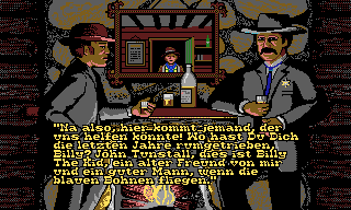 Billy the Kid (DOS) screenshot: Both Garrett and Billy the Kid are hired by a rancher