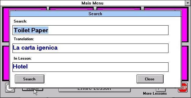 EZ Language: Italian (Windows 3.x) screenshot: The main menu has a search function which does its best to find a match from the eight hundred words it knows