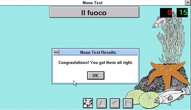 EZ Language: Italian (Windows 3.x) screenshot: Noun test: The results - a guy could get big headed with results like this