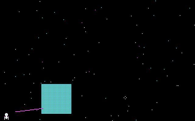 Borgwar (DOS) screenshot: The Borg ship has descended quite low now. There's no way to pass beneath it. We're trapped!